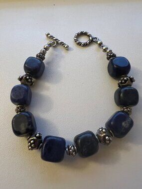 Dark Blue Stone Bracelet with Silver Spacers & Toggle Clasp